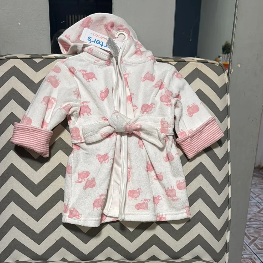 Carter's White and Pink Elephant Hooded Baby Bathrobe